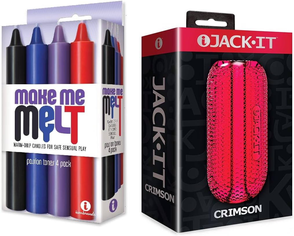 Sex Toy Couples kit of Make Me Melt Sensual Warm-Drip Candles, 4 Pack, Passion Tones and Icon Brands Jack-It Stroker Crimson