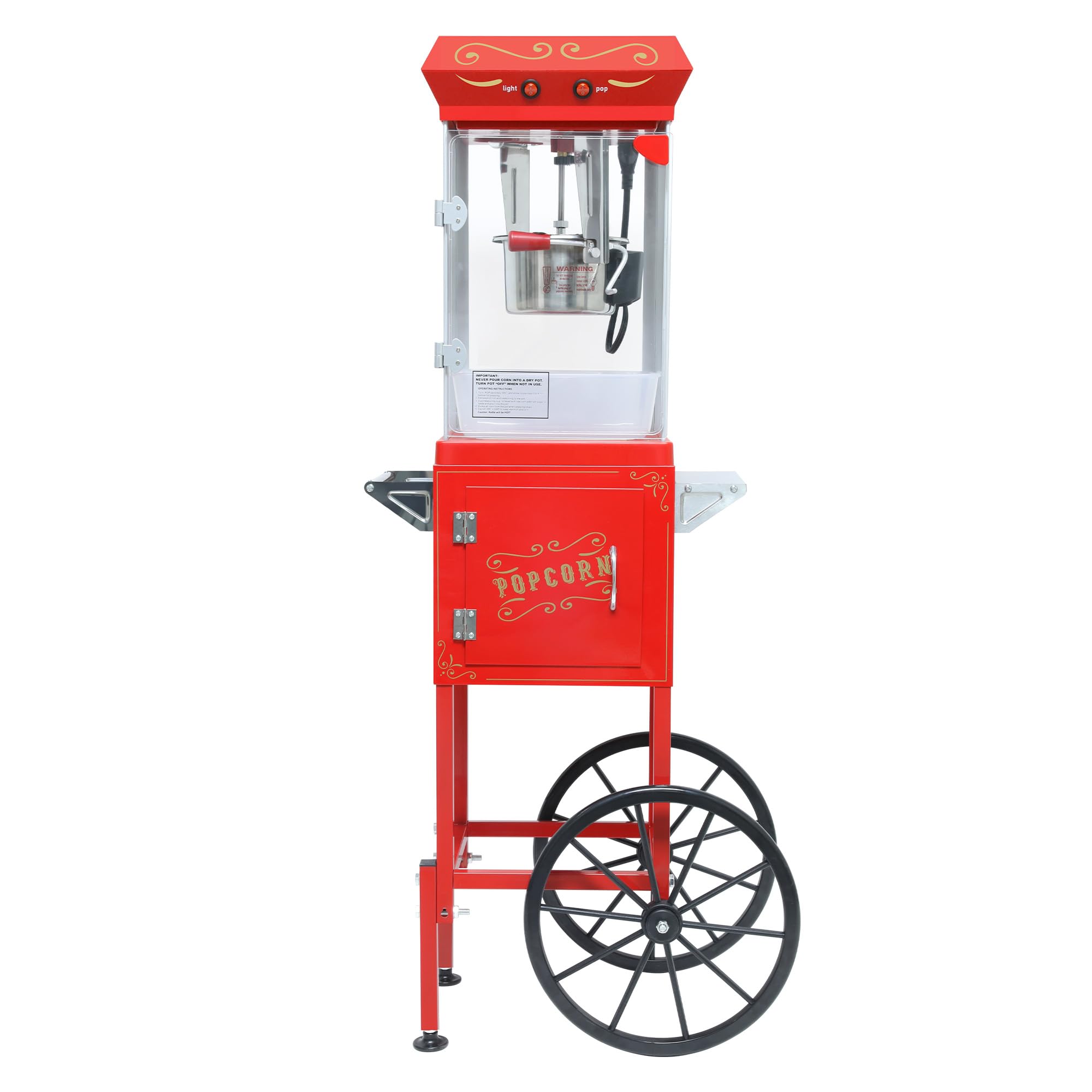 Popcorn Machine with Cart Wheels - Popcom Maker with Stainless Steel Kettle, Popcorn Popper for Home, Theater, Parties (Red, 6OZ Cart)