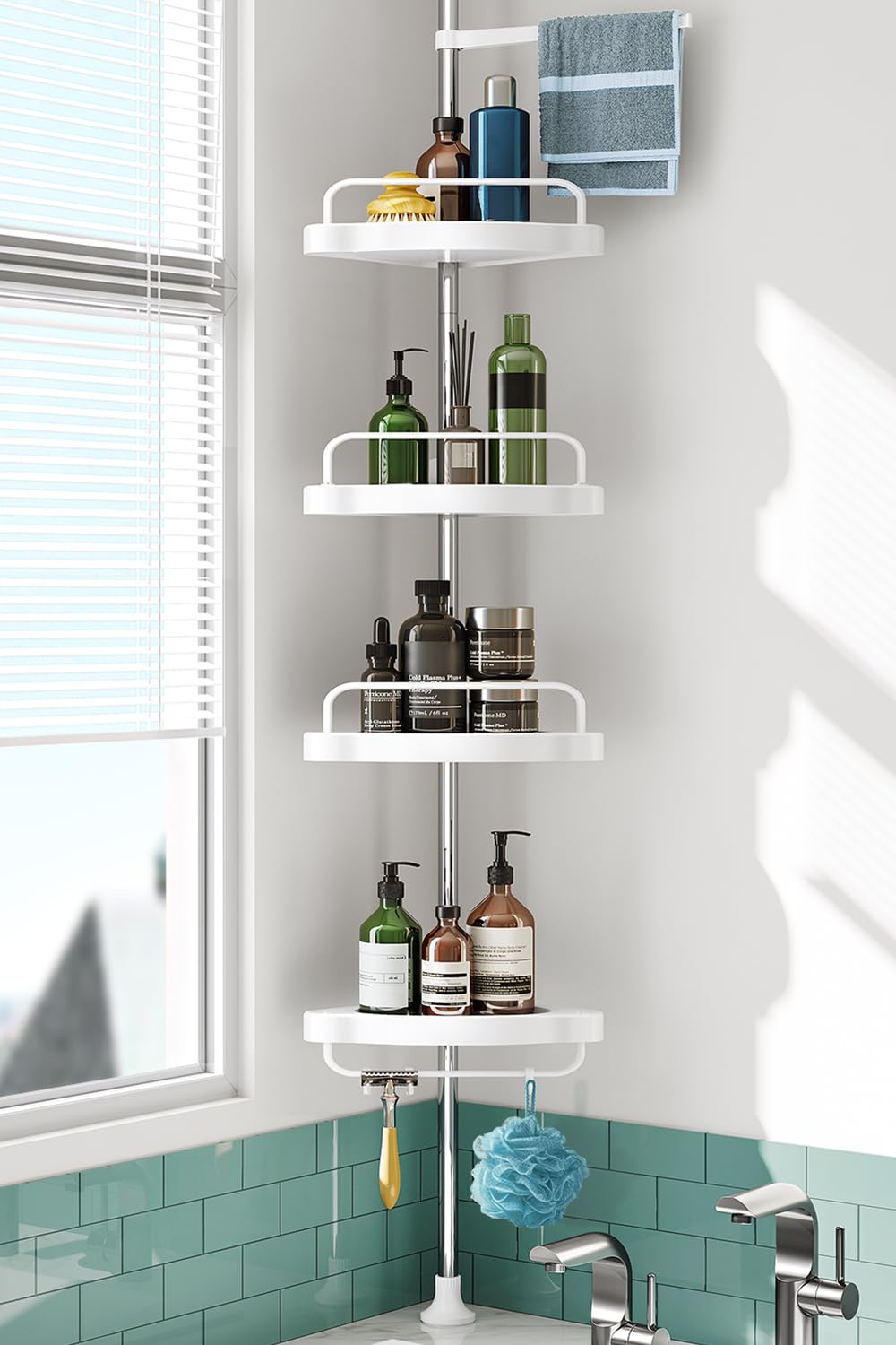 Corner Shower Caddy Tension Pole: Rust Proof 4Tier Shampoo Storage Organizer for Inside Shower - Telescoping Rod Shower Rack for Bathroom and Bathtub