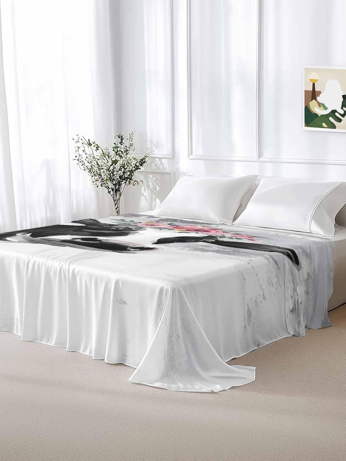 Top Sheet Full Bedding Flat Sheet Only, Farmhouse Abstract Black White Cattle Microfiber Bed Sheets Soft Breathable Bedding Flat Sheets, Pink Flower Rose Hotel Luxury Top Sheets