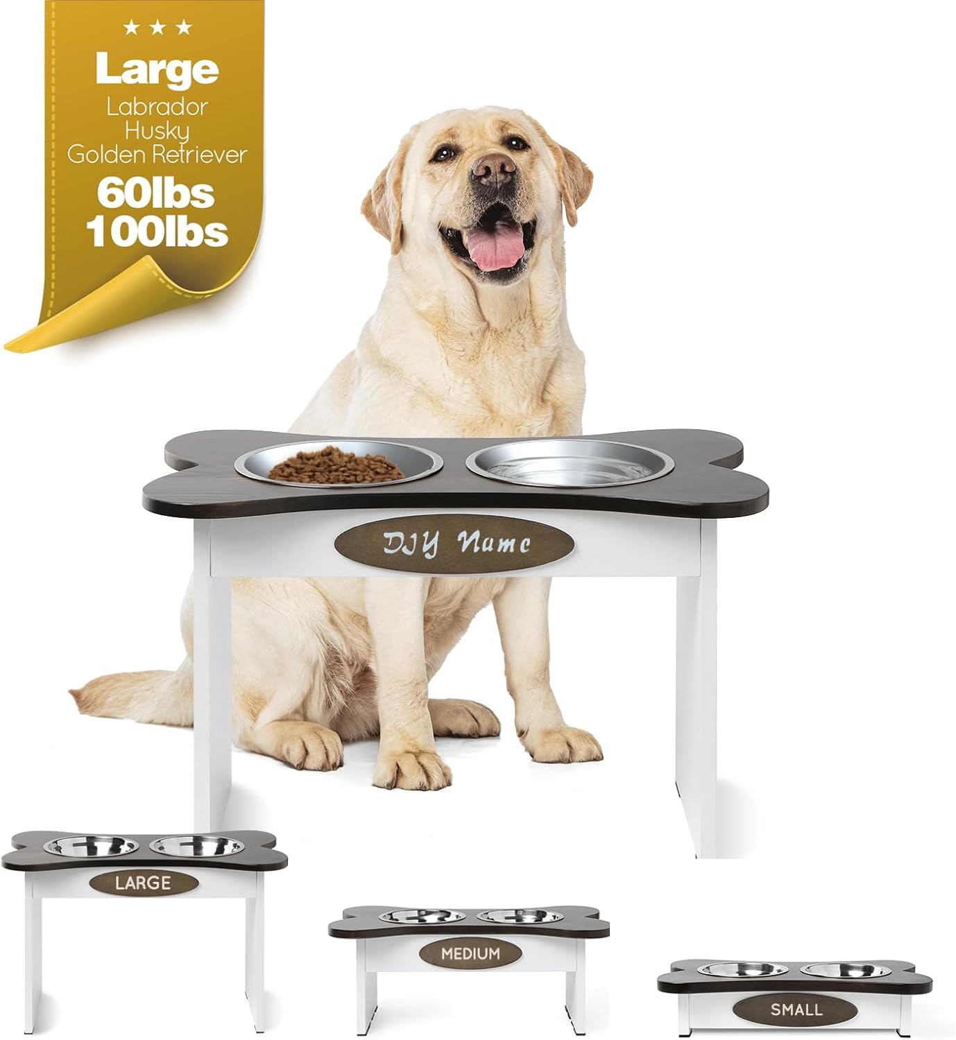 Elevated Dog Bowls for Large Dogs, DIY Dog Name Farmhouse Tall Dog Bowls Stand, Wood Raised Dog Bowl Stand with 2 Stainless Steel Bowls, Dog Food Bowl Stand with Anti-Slip Feet, Dog Feeder