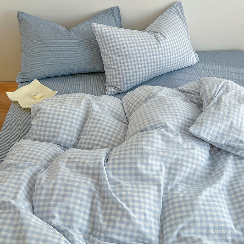 Nyescasa Blue Gingham Duvet Cover Sets King Blue White Grid Modern Geometric Washed Microfiber Bedding Set Teen Girls Checked Plaid Quilt Cover 200x200 with Zipper Closure and 2 Pillowcases 50x75 cm