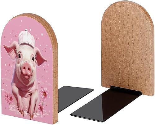 Miniatura 2 de Sujetalibros decorativos de madera de cerdo rosa con sombrero, para estantes, habitación de los niños, escritorio, oficina en casa, tapones de