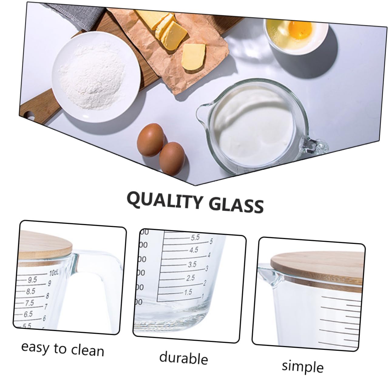 Tasse à Mesurer Facile à Nettoyer en Verre Résistant la Chaleur avec Couvercle en Bois pour Mesurer Jus et Huile Cuisine