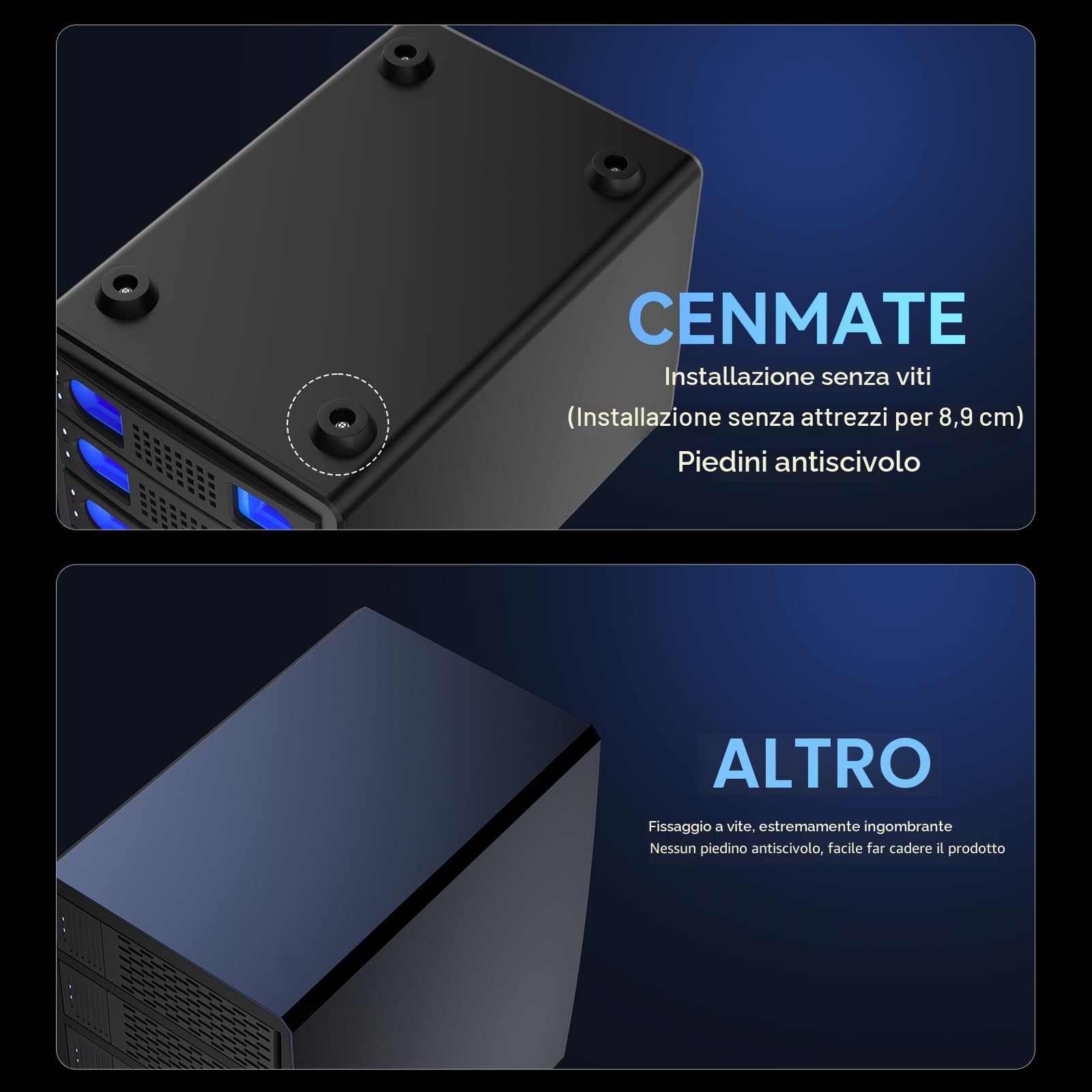 Case Hard Disk, CENMATE 10Gbps Case HDD 4 Bay Alluminio con Ventola per HDD/SSD SATA da 2,5/3,5, USB A/C 3.2, Supporto Sostituzione a Caldo, Senza Attrezzi, DAS (NO RAID/NAS)