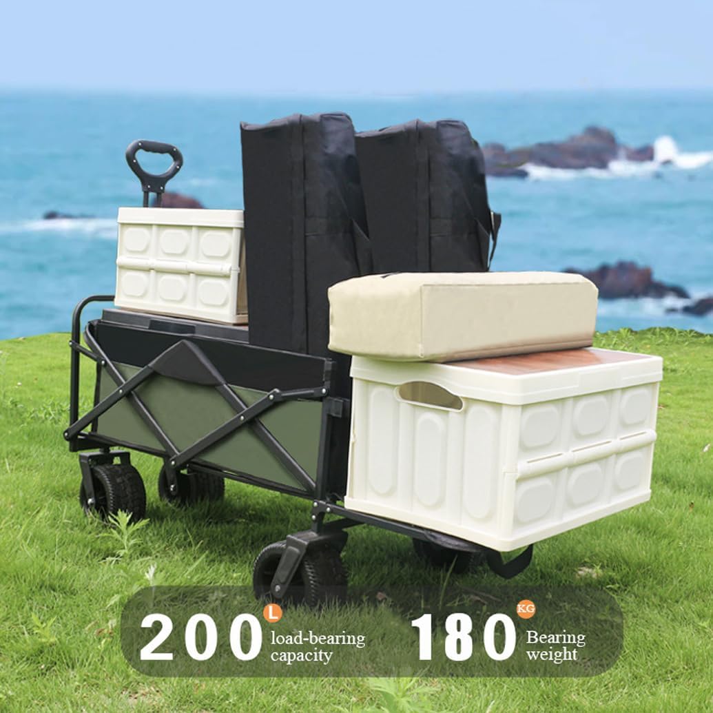 LANGWEI Collapsible Trailer, 200L Folding Camping Wagon Adjustable Larger Capacity, Adjustable Handle Beach Trolley Cart for Outdoor Camping Garden Beach,Black