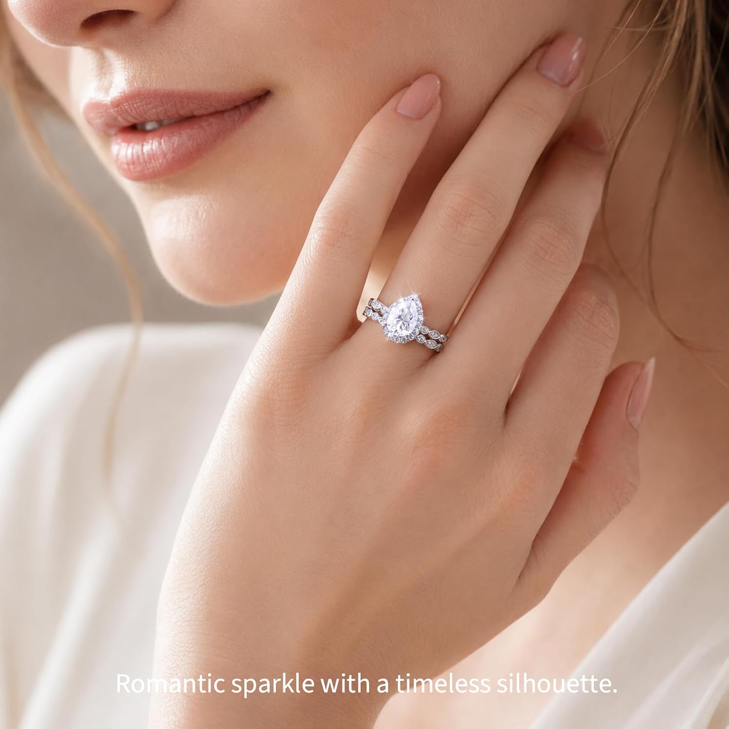 WES 925 Sterling Silver 2ct Pear Moissanite Bridal Ring Set for Women