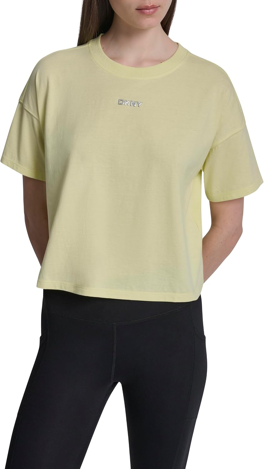 DKNY Women's Metallic Bubble Logo Drop Shoulder Cropped Tee
