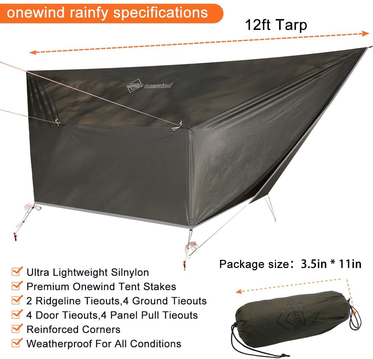 onewind Bâche de hamac, Anti-Pluie, Ultra légère, Grande Couverture, abri avec Portes, Portable pour Hiver, bushcraft, Tente, Tous Les Accessoires Inclus (Vert olive1, 365 cm x 295 cm