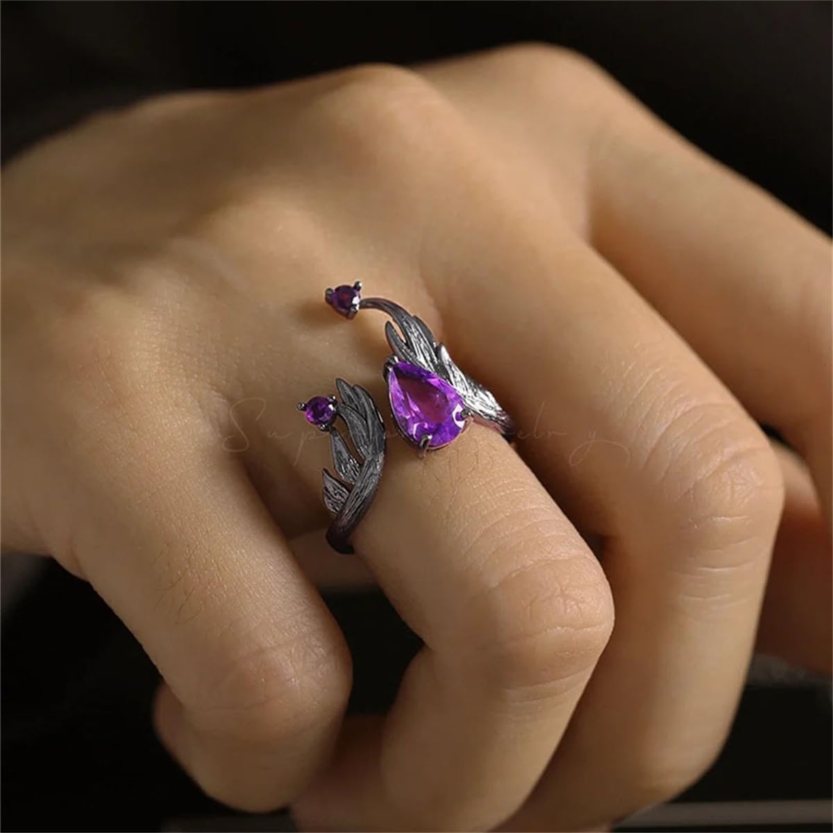 Punk Amethyst Teardrop Open Ring for Women Unisex Fashion Purple Crystal Black Fire Band Wrap Finger Rings Adjustable Comfort Fit Gothic Holiday Halloween Jewelry - Image 4