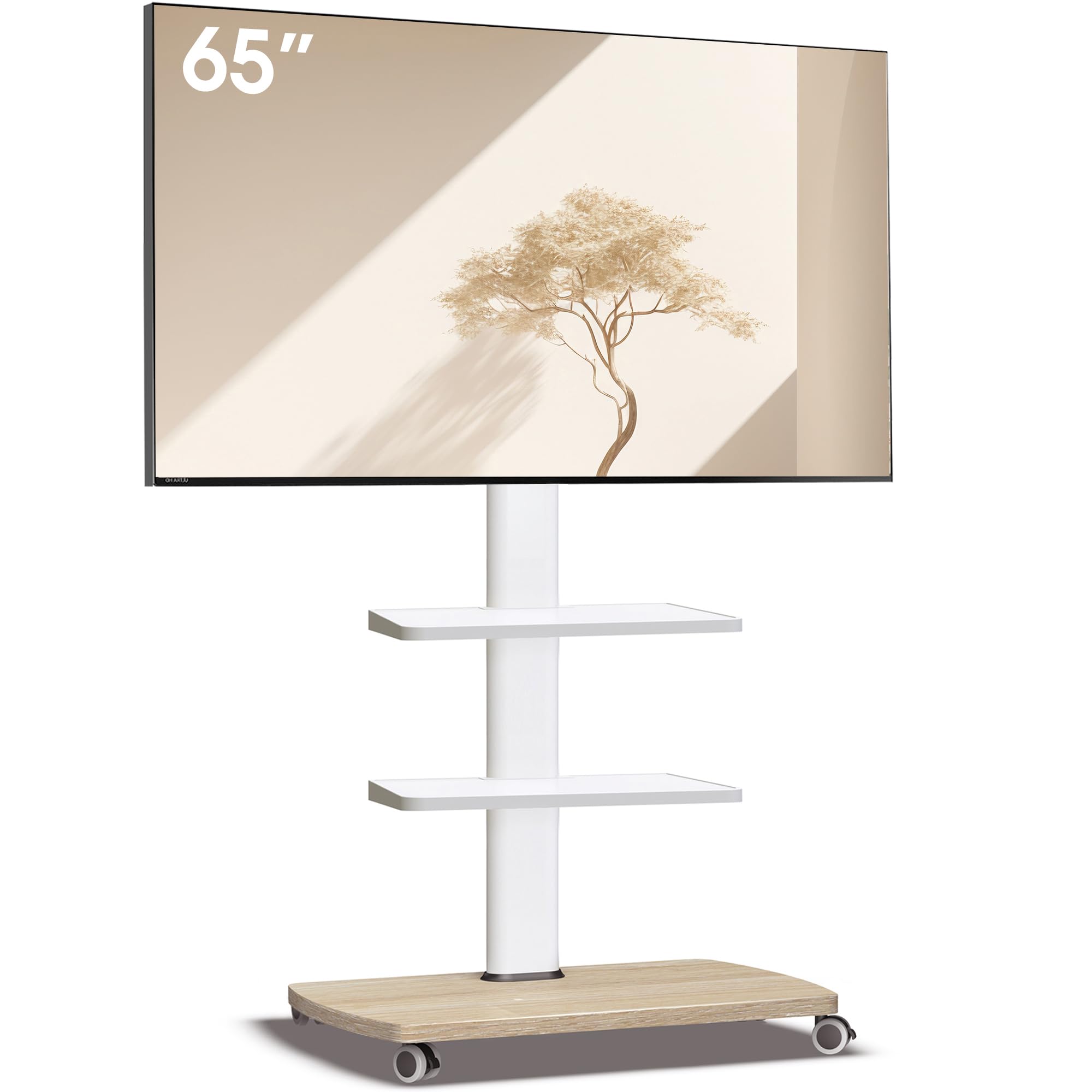 AOKCOS TV Ständer Rollbar mit Holzablage 2 Regal, Fernsehständer auf Rollen für 32-65 Zoll TV, TV Bodenständer Höhenverstellbar Drehbar, bis 40 kg Max. VESA 400x400mm (Weiß+Natur)