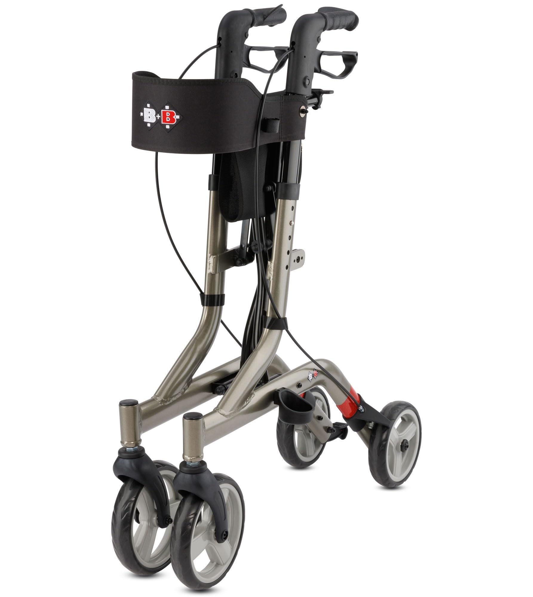 Bischoff & Bischoff Capero Rollator, faltbar – Leichtgewicht-Rollator für drinnen und draußen, Gehwagen mit Rücken-Gurt, Stockhalter und abnehmbarer Netz-Tasche, Platin