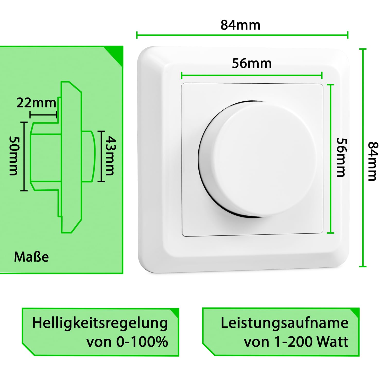 2 Stück greenandco gc-200 | Unterputz LED und Halogen Dimmer | 1-200 Watt | auch für herkömmliche Leuchtmittel | für Wechselschaltungen geeignet | weiß