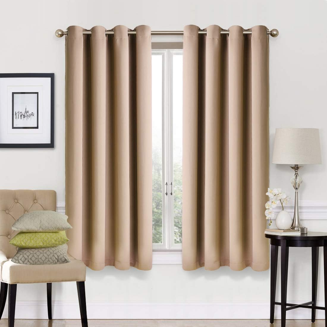 EASELAND Blackout Curtains 2 Panels Set Room Drapes Thermal Insulated Solid Grommets Window Treatment Pair for Bedroom, Nursery, Living Room,W52xL45 inch,Khaki