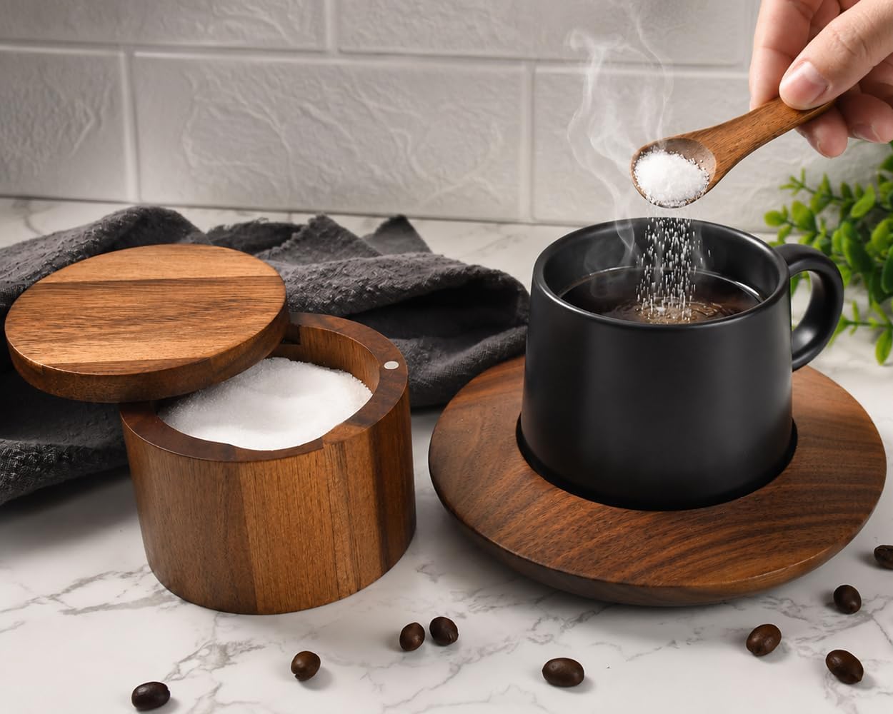 DS. DISTINCTIVE STYLE Acacia Wood Salt Cellar with Magnetic Swivel Lid and Built-in Spoon Salt Container Box for Kitchen to Storage Pepper Spice Bath Salt Sea Salt 6 Ounce