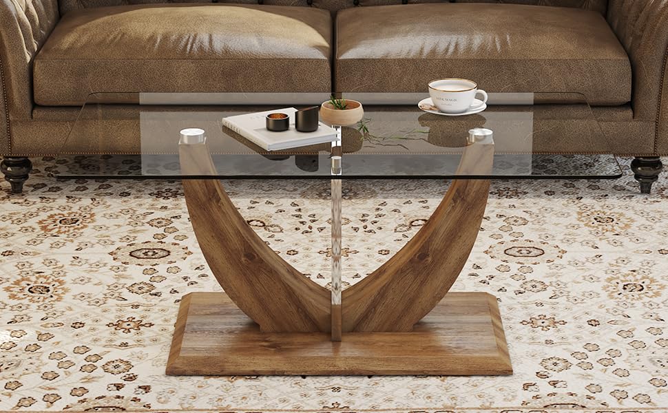 URESHIIEN Modern Minimalist Transparent Tempered Glass Coffee Table with Marble Patterned MDF Legs and Stainless Steel Decorative Columns. Computer Desk. Game Table. (Brown)