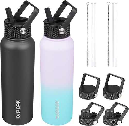 Miniatura 15 de BJPKPK Paquete de 2 botellas de agua aisladas con tapas con pajita, botella de agua de metal de acero inoxidable de 18oz con 6 tapas, jarras a Verde