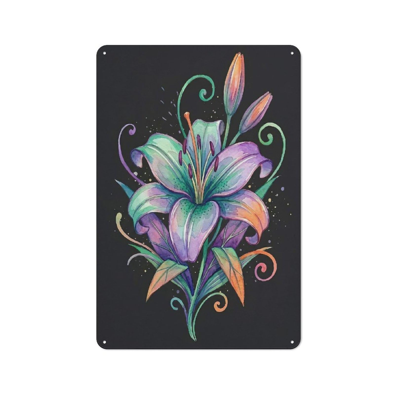 Junmoney Style-3 Decorative Metal Sign With Vibrant Watercolor Lily Illustration Design 30X20cm, Cosy Cafe Wall Decor For Kitchen, Cafe, Pantry Or Dining Room
