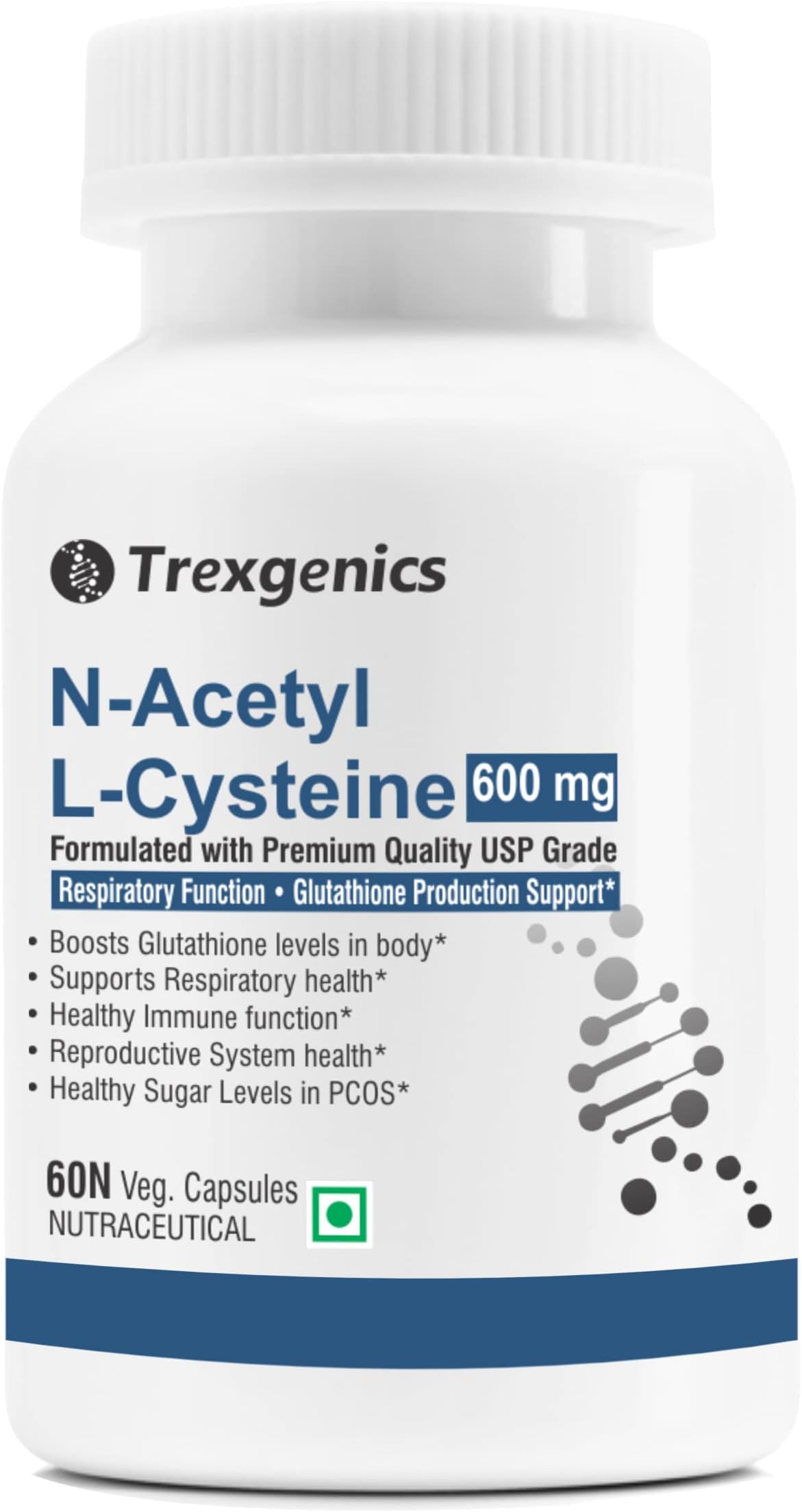 Trexgenics N-ACETYL L-CYSTEINE 600 mg Respiratory Health, Glutathione Production, Immunity, (60 Veg. Capsules) (Pack of 1)