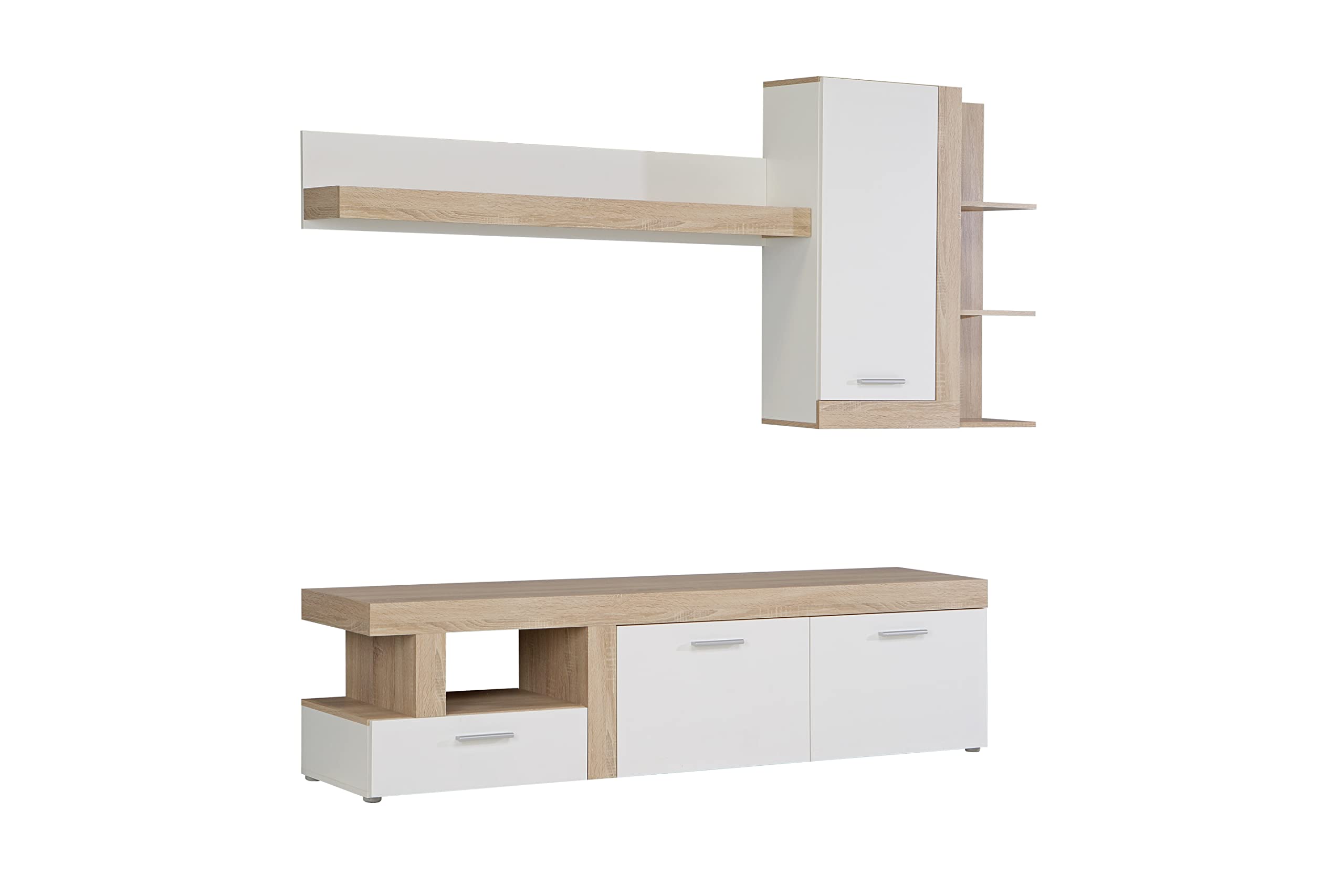AVANTI TRENDSTORE Jule - Moderna parete da soggiorno in legno laminato di colore quercia sonoma, composto da diversi componenti, elegante per salotti. Dimensioni LxAxP 217x195x41 cm.