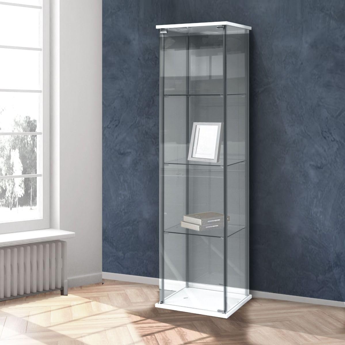 Bissolo Casa Vetrina Espositiva 1 Anta in Vetro Temperato Bianca 42,5x36,5x161 cm, Vetrinetta Soggiorno con 3 Ripiani in Vetro, Mobile Espositore per Collezionismo, Casa e Ufficio