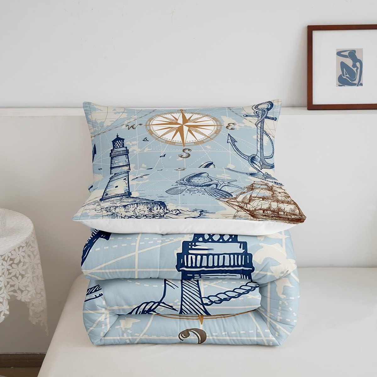 Erosebridal Nautical Anchor Queen Comforter Set Vintage Sail Boat Lighthouse Bedding Comforters & Sets,Conch Starfish Seashell Duvet Ocean Wave Quilt Set,Sketch Style World Map Bedroom Decor Soft