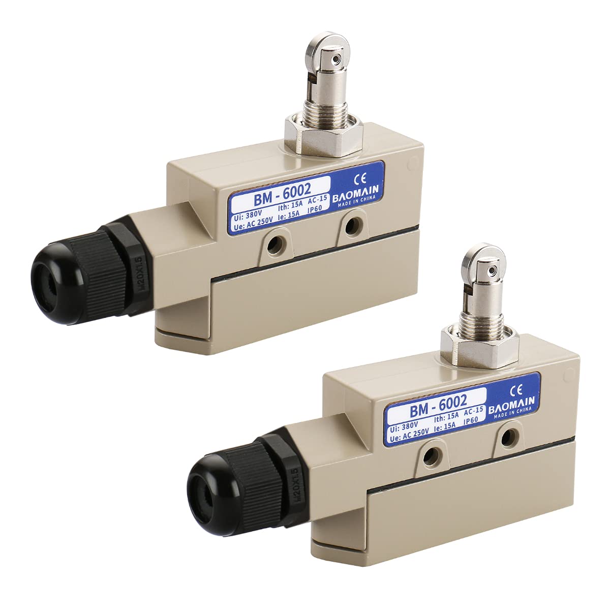 BaomainHorizontal Roller Plunger Micro Switch TZ-6002 with M20 Cable Glands Work for Heavy Duty Door, Sliding Doors/Windows, Pioneer,Welbon, Air Curtains, Maxwell