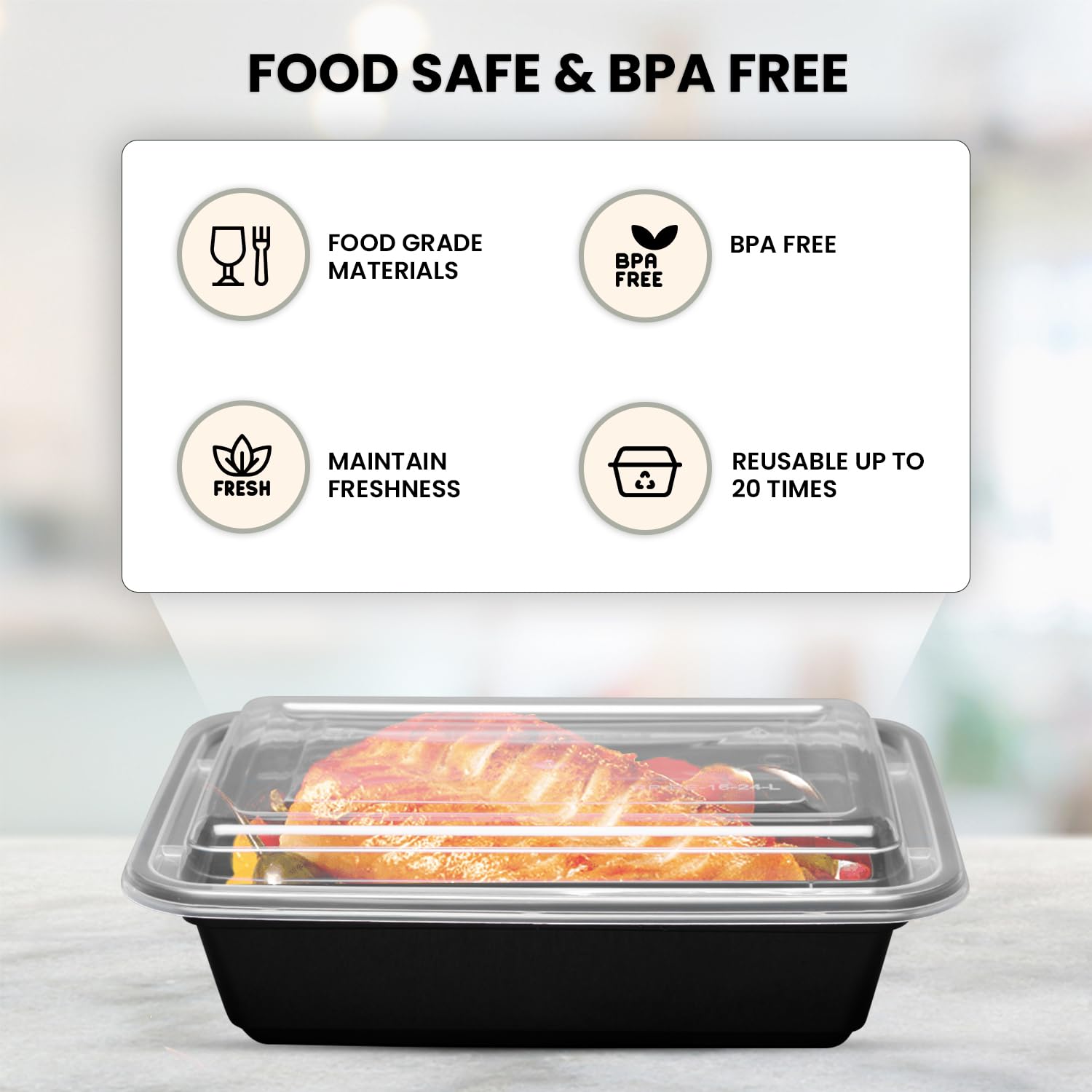 Klex Recipientes de preparación de comidas con tapas herméticas, sin BPA, recipiente de plástico reutilizable para alimentos, 38 onzas, rectangular, negro/transparente, 50 juegos