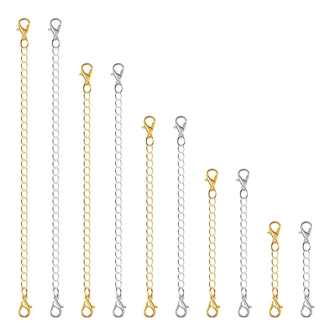 10Pcs Stainless Steel Gold Silver Extension Chains with Lobster Clasps and Closures for Making