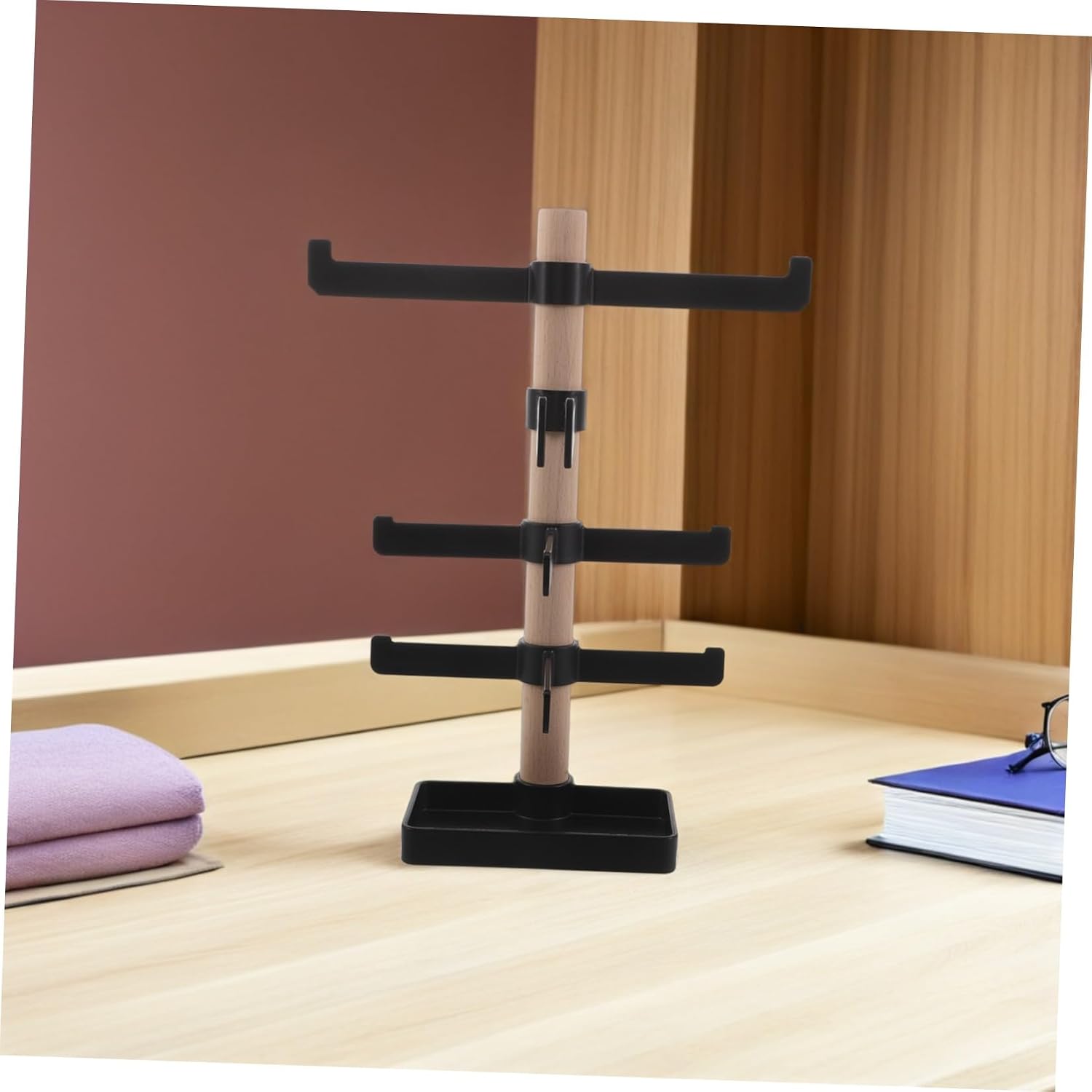 Bike Gear Organizer for Desk, Eyeglass Holder Rack with Multi Tiers | Wood and Plastic Build, Modern Style, Space Saving Design, Easy Installation