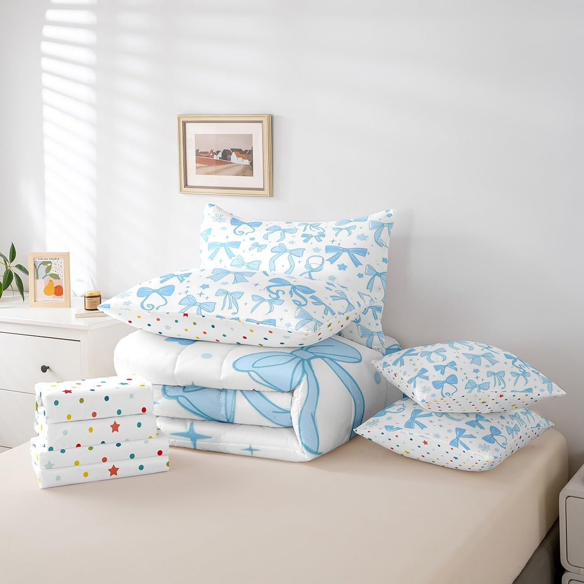 jejeloiu Kids Bowknot Bed in a Bag 7 Pieces Full Size, Blue Bow Comforter Set with Sheets Boys Girls Butterfly Bowknot Bed in a Set Teens Bedroom Decor 7Pcs