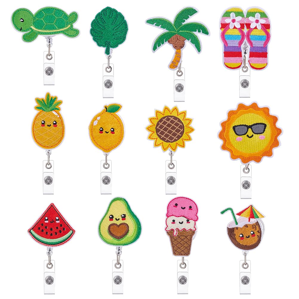WEBEEDY 12 Styles Summer Beach Badge Reels Retractable Felt Nurse ID Badge Holder Cute Palm Tree Pineapple Watermelon Fruit Animals Name Holder with Clip for Teacher Doctor Office Holiday Decor Gift