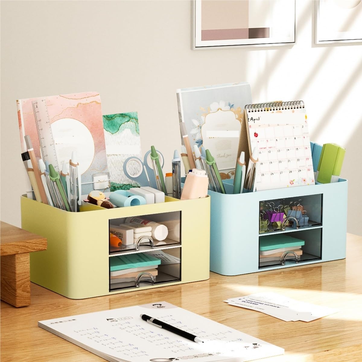 Organizer Scrivania Portapenne in Plastica con 2 Cassetti, da Scrivania for Articoli Artistici for Ufficio Conservazione Forniture(Blue)