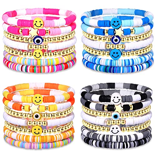 28Pcs Preppy Heishi Surfer Bracelets Set Colorful Evil Eye Smile Happy Heart Star Beaded Stretch Y2K Bracelets Boho Disc Polymer Clay Pearl Stackable Layering Summer Beach Bohemian Bracelets Jewelry for Women Girls Teens 28pcs