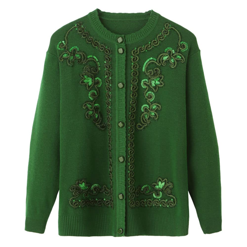 Cardigan Da Donna,Cardigan Lavorato A Maglia Da Donna Elegante Paillettes Verdi Ricamo Floreale Girocollo Manica Lunga Aperto Davanti Maglioni Cardigan Autunno Morbido Maglia Capispalla Donna Anzian