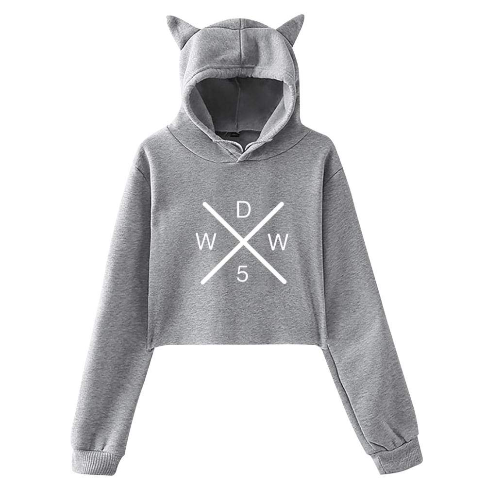 Pop_Why_Don't_We Women Hoodies Long Sleeve Hoody Crop Top Cat Print Hooded Sweatshirt Blouse