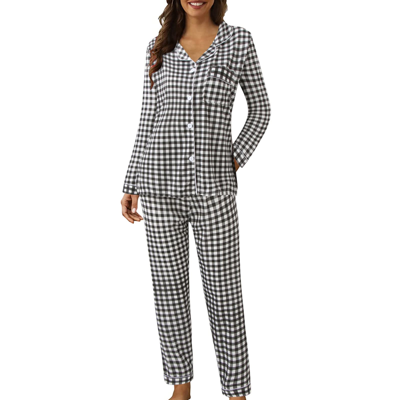 Set Pigiama Donna Cotone Leggero Invernali 2 Pezzi Pantaloni Camicia Maniche Lunghe con Collo Rivoltato e Bottoni Pigiami Respirabile Confort Sciolti con Tasche per Casa Lavoro Primaverile Autunno