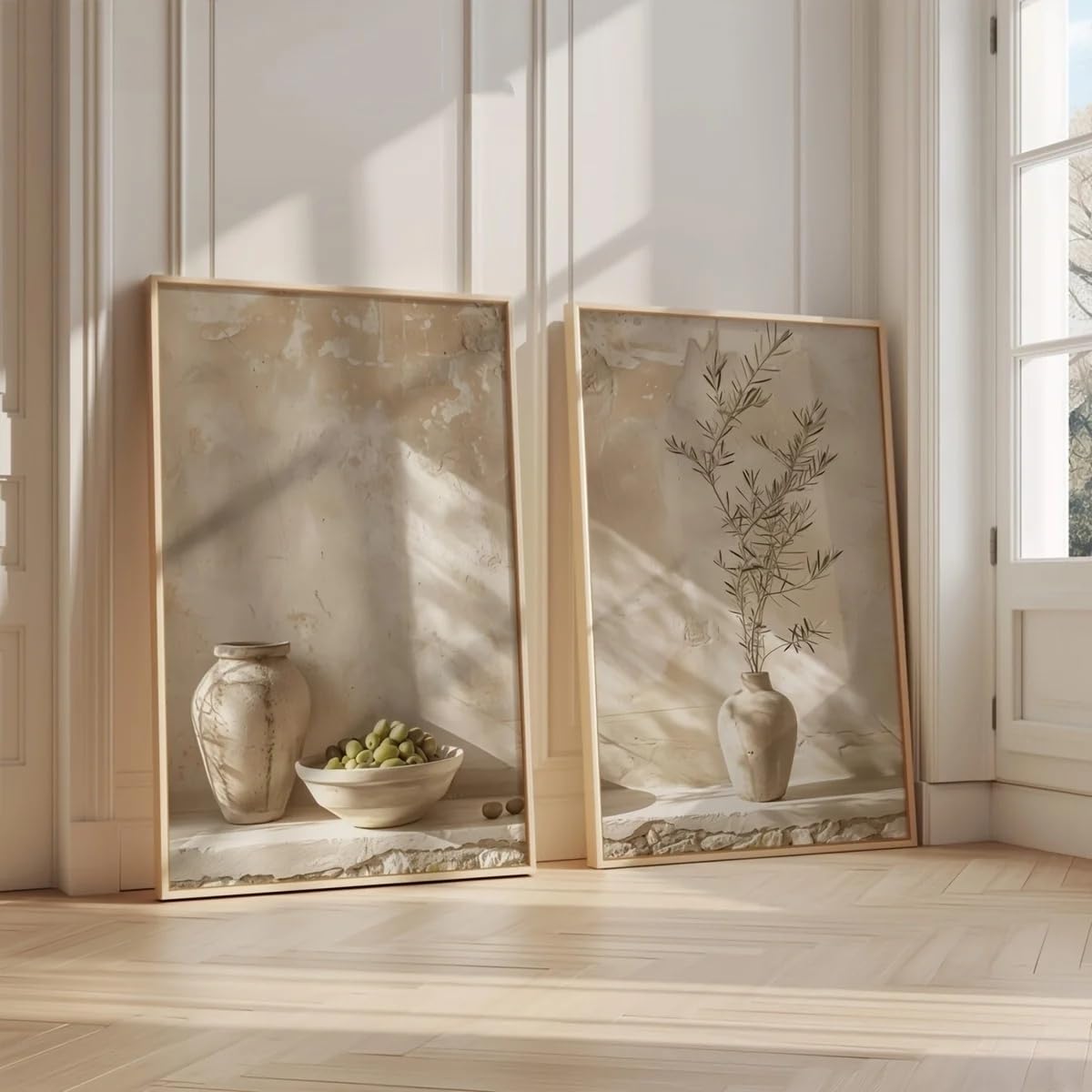 GOSRD Vase Olive Branch Still Life Canvas Prints Poster Neutral Beige Rustic Botanical Art Home Decor(60x80cm-2pcs)