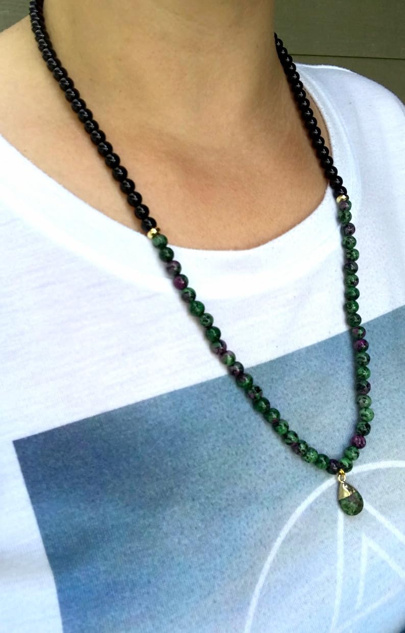 Naturalny rubin w zoizycie (Anyolit) i czarny onyks 6 mm 108 koralików mala, duchowe, koraliki do medytacji, Reiki, Japa Mala, buddyjskie koraliki modlitewne, bransoletka do jogi, koraliki lecznicze