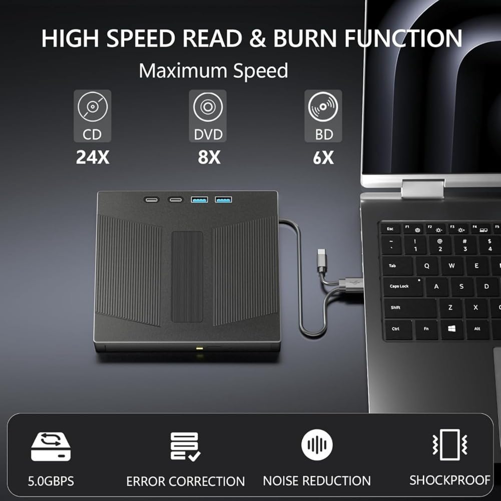 Unidad de BLU-Ray Externa 7 en 1, Compatible con Lectura y Escritura de Discos de 100 GB, Grabadora de BD/CD/DVD para PC, Portátil y de Escritorio.