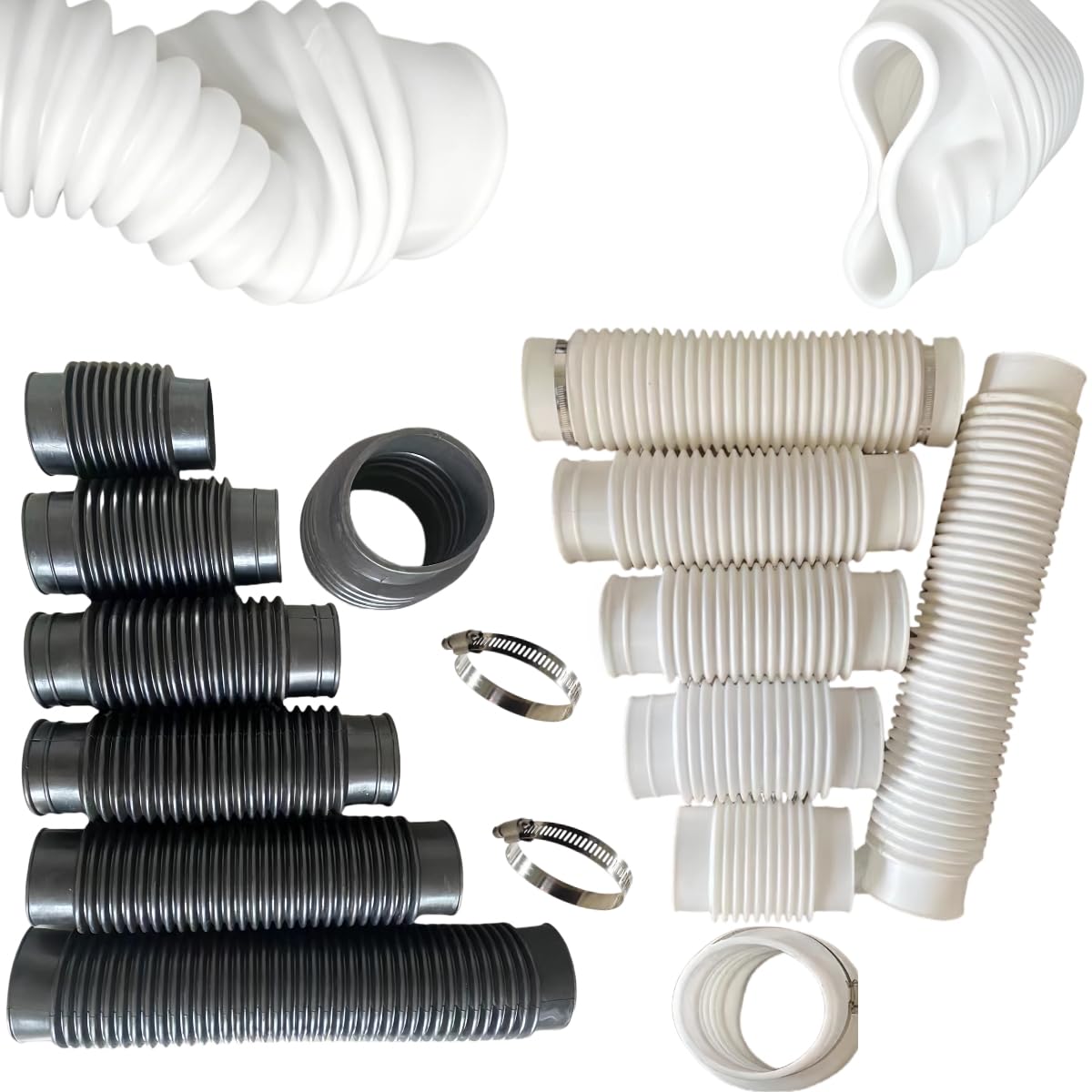 Ø 50 mm, Ø 75 mm, Ø 110 mm, Ø 120 mm, Ø 160 mm, Ø 315 mm, falisty wąż gumowy, rura odpływowa PCW, przyłącze wody deszczowej z dwoma obejmami (biały silikon, interfejs I.D. 150 mm, długość 350