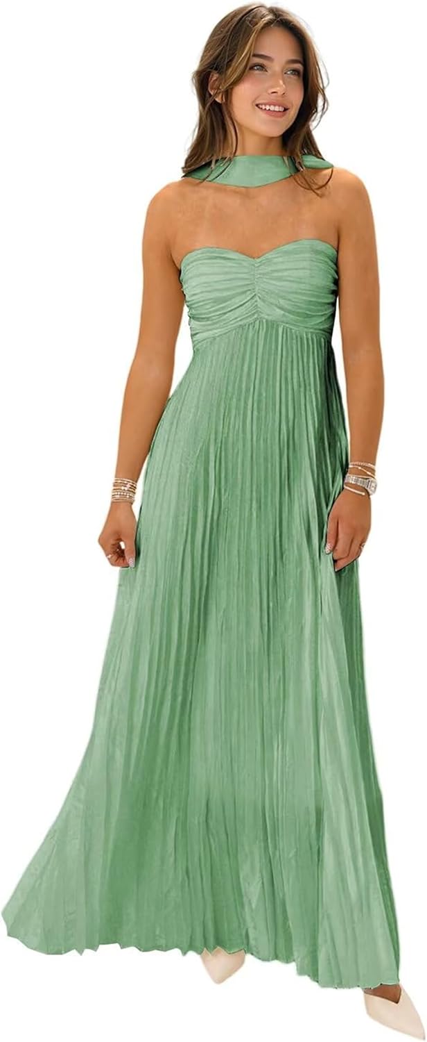 Strapless Bridesmaid Dresses for Womens 2026 Ruffles Pleated Chiffon Maxi Formal Party Dress with Scarf