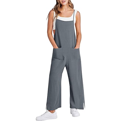 ANRABESS Women Casual Loose Long Bib Pants Wide Leg Jumpsuits Baggy Linen Rompers Overalls with Pockets