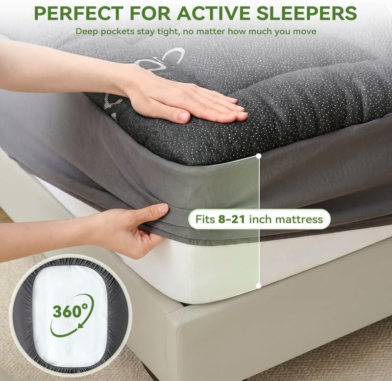 BDEUS Waterproof King Mattress Topper Viscose Derived from Bamboo, Pillow Top Mattress Pad for Back Pain Relief, Naturally Cooling for Hot Sleepers, Grey