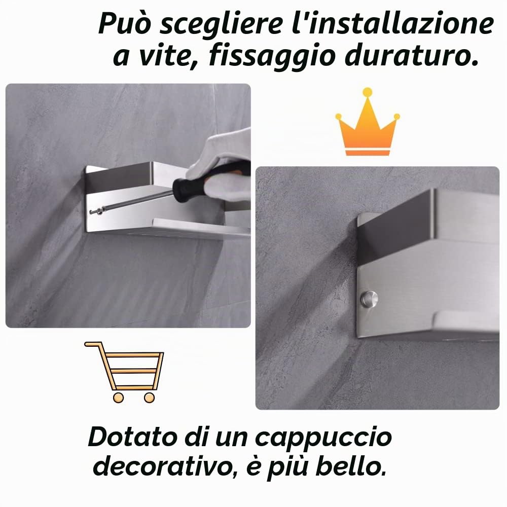 Mensola da Doccia Senza Foratura SUS304 Acciaio Inossidabile Nichel Spazzolato 23CM