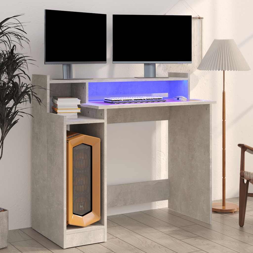 Bureau Gris béton en Bois d'ingénierie 97x45x90 cm avec éclairage LED intégré Poste de Travail Informatique Compact pour télétravail et étude à la Maison Bureau Gamer et étudiant