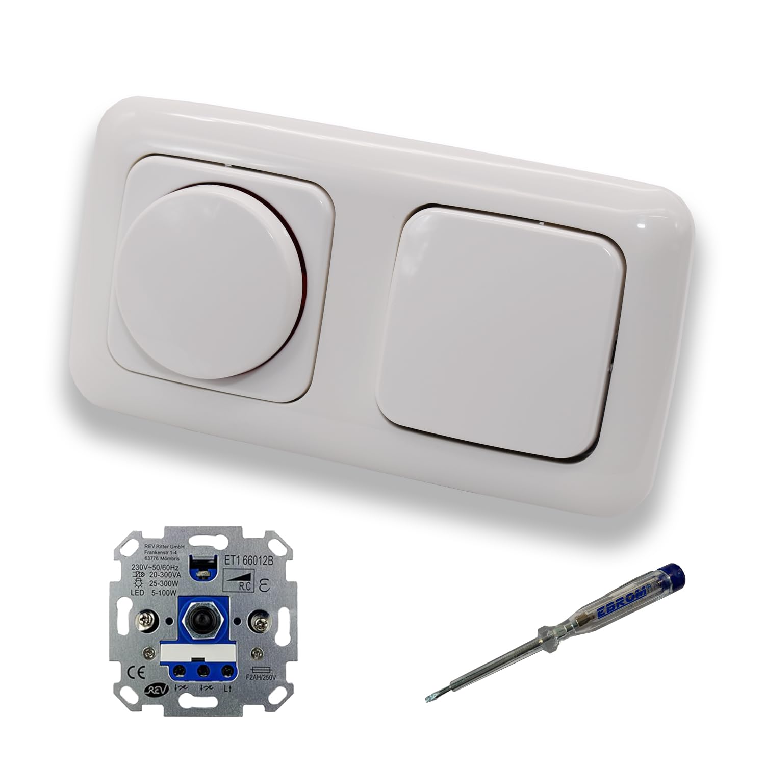 REV Ritter LED Drehdimmer Dimmer + Busch Jäger Dimmerscheibe 2115-214 und Lichtschalter 2000/6 US in Reflex Si alpinweiß glänzend inklusive EBROM Phasenprüfer zur Montage der Geräte ET1 66012B