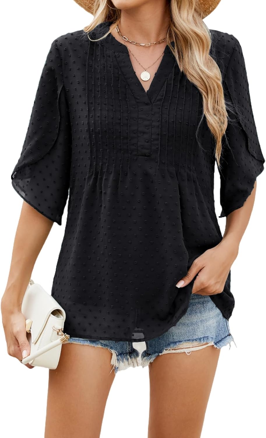 CiCiBird Women 3/4 Sleeve Blouses Casual Pleated Shirt Dressy Double Mesh Layers Tops Black Large