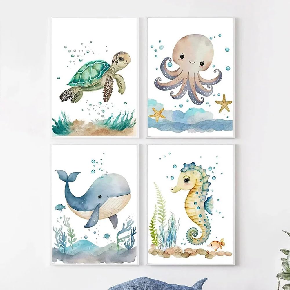 BeiYiHo Affiche Theme Mer Enfant Tableau Animaux Marins Decoration Mer Chambre Enfant Bleu Tableau Ocean Chambre Bebe Tortue Baleine Poisson Hipocampe Toile Poster Deco Marine Chambre Garcon