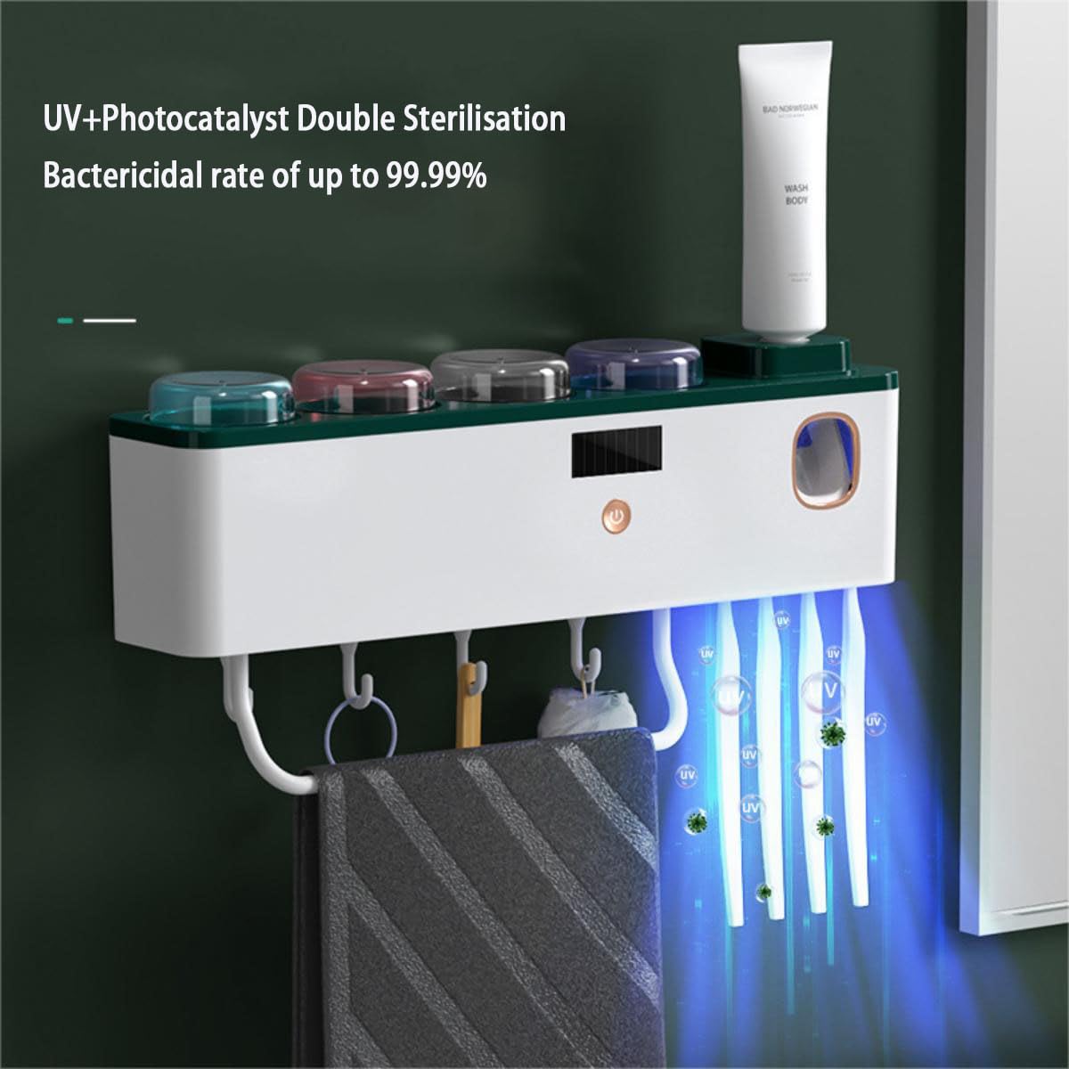 LANMOU Porta Cepillo de Dientes Pared, Dispensador Pasta Dientes Desinfectante para Cepillos de Dientes con UV Soporte para Cepillo Dientes Dispensador Automático Pasta de Dientes con Gancho y Tazas